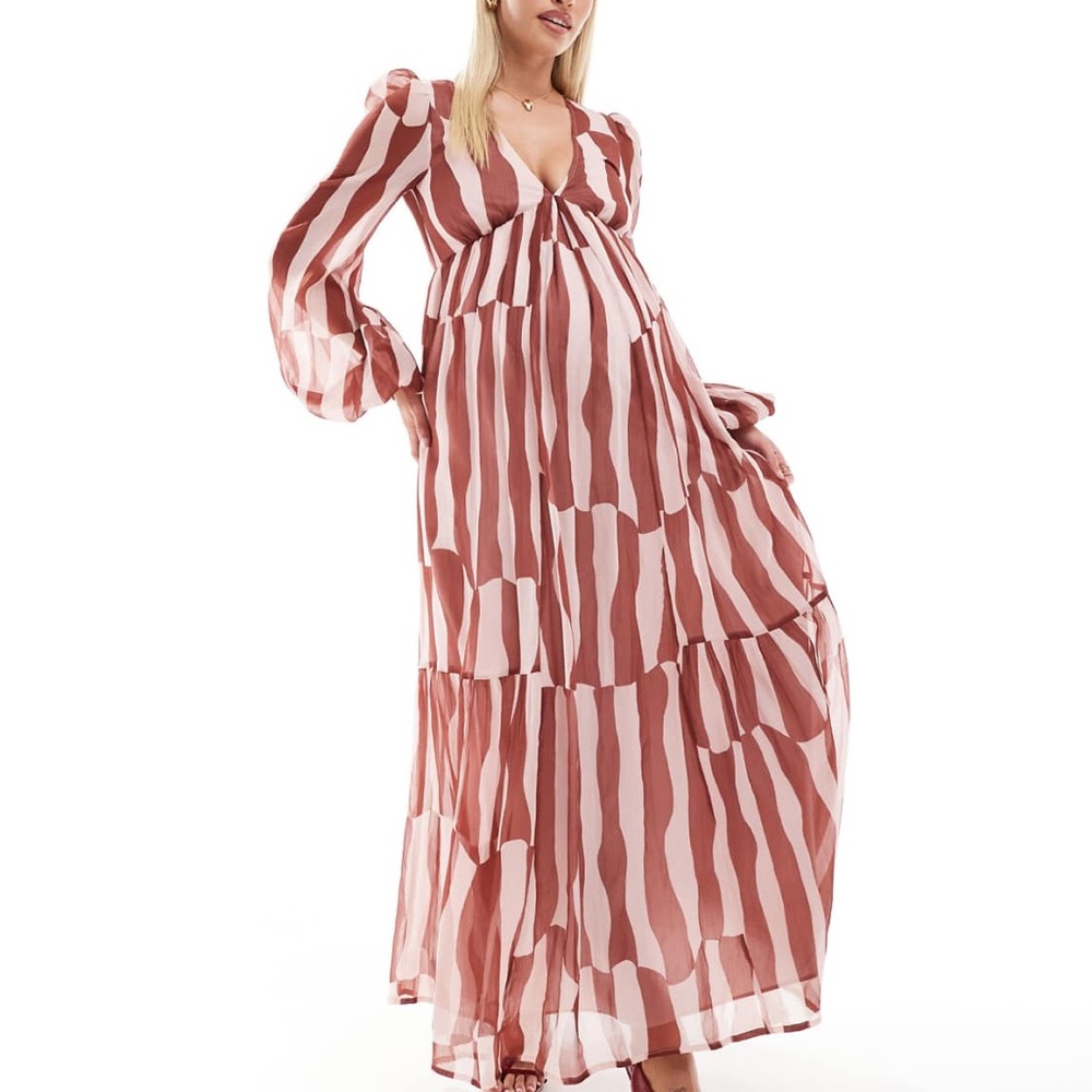 ASOS Maternity Pink Tiered Ruffle Sundress with Bishop Sleevesmaxi dress